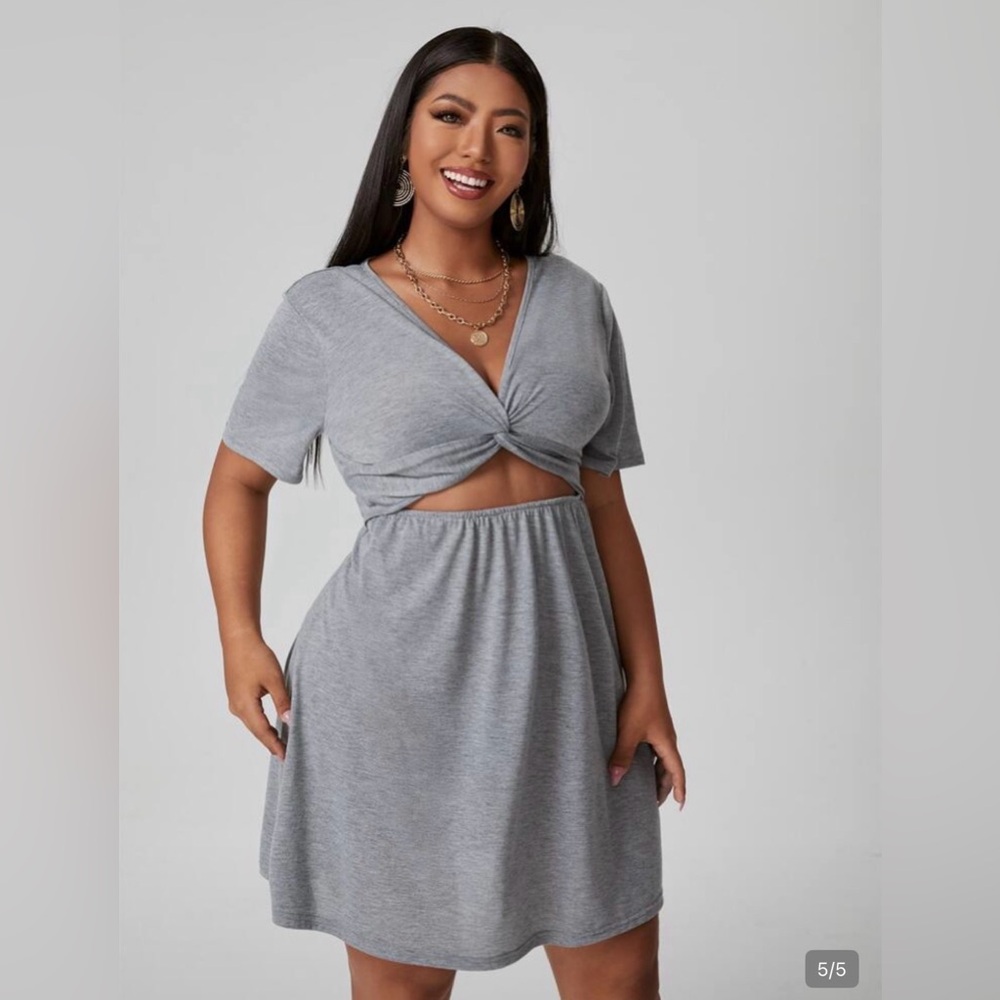SHEIN Gray Twist-Front Short Sleeve Cutout T-shirt Mini Dress